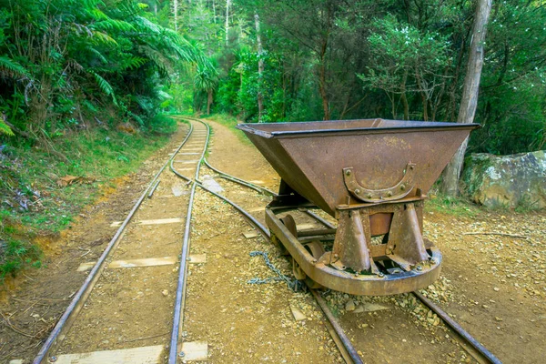 Rostende Überreste von Goldförderwagen, durch die Pflanzen wuchsen. victoria gold batterie waikino, neuseeland — Stockfoto