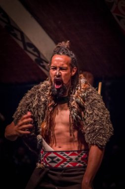 North Island, Yeni Zelanda - 17 Mayıs 2017: geleneksel kıyafet Tamaki kültür Köyü, Yeni Zelanda Maori kültür, geleneksel olarak yüzüne dövmesi ile çığlık Tamaki Maori adam
