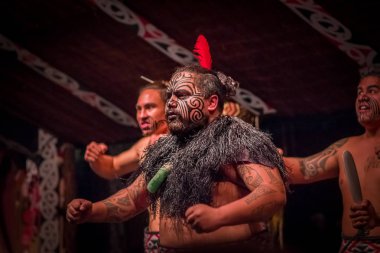 North Island, Yeni Zelanda - 17 Mayıs 2017: bir Maori kültür kırmızı tüy kafasına takmış, geleneksel kıyafet ve geleneksel olarak dövmesi yüz ile dans Tamaki Maori lider adam kapat