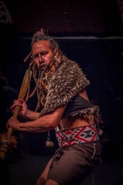 NORTH ISLAND, NEW ZEALAND - MAY 17, 2017: Tamaki Maori man dancing with traditionally tatooed face and in traditional dress at Maori Culture, Tamaki Cultural Village, in New Zealand — стоковое фото