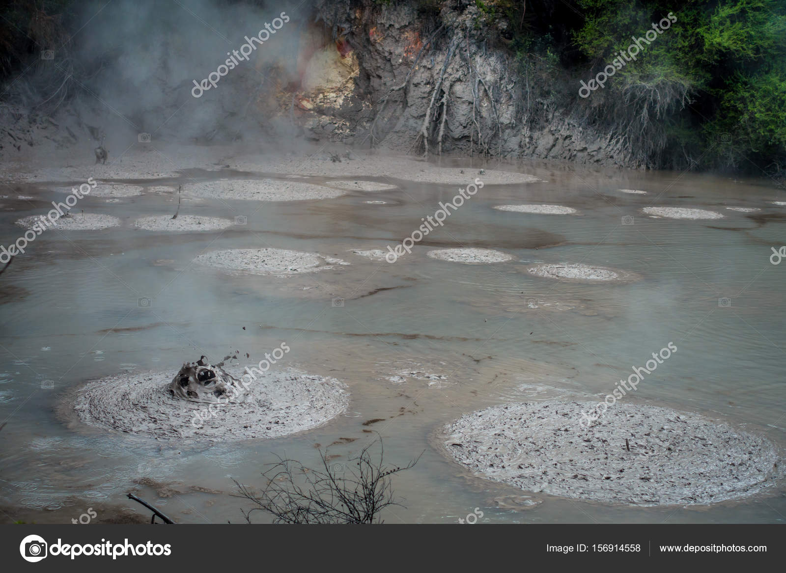 Mud texture or wet dark soil as natural organic and geological sediment mixture. Boiling mud in Waitapu, North Island in New Zealand Stock Photo by ©pxhidalgo 156914558