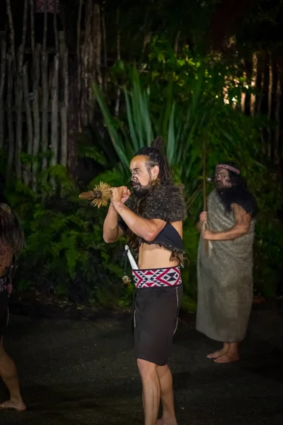 Nordön, Nya Zeeland - 17 maj 2017: Maori man med traditionellt tatuerade ansikte i folkdräkt på Maori kultur göra en traditionell dans håller en trä pinne, Tamaki Cultural Village — Stockfoto