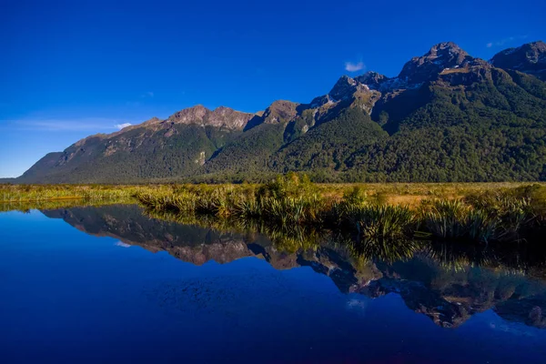 Milford ses, Yeni Zelanda için yol boyunca ayna göl — Stok fotoğraf