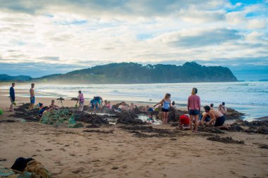 North Island, Yeni Zelanda - 16 Mayıs 2017: turist kendi Kaplıcalar sıcak su Beach, Coromandel kazma. 130.000 yıllık ziyaretçi bu Waikato bölgedeki en popüler konumlar biri olun