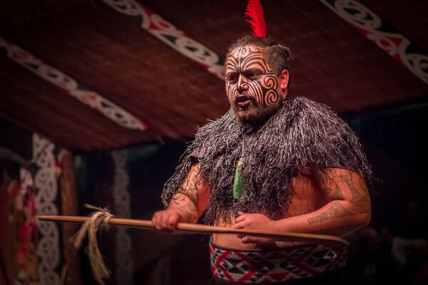 NORTH ISLAND, NEW ZEALAND- MAY 17, 2017: Close up of a Tamaki Maori leader man with traditionally tatooed face and in traditional dress at Maori Culture holding a wood lance, Tamaki Cultural Village