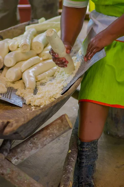 Tarty yucca przygotowywany do chleba w wiosce Siona w rezerwacie przyrody Cuyabeno, Ekwador — Zdjęcie stockowe