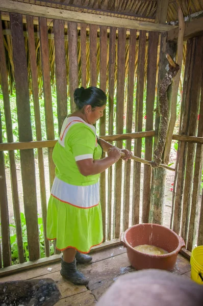 Lago Agrio, Ecuador - 17 November 2016: Kvinna visar matlagning yucca tortillas i en inomhus i en Siona by i Cuyabeno Wildlife Reserve, Ecuador — Stockfoto