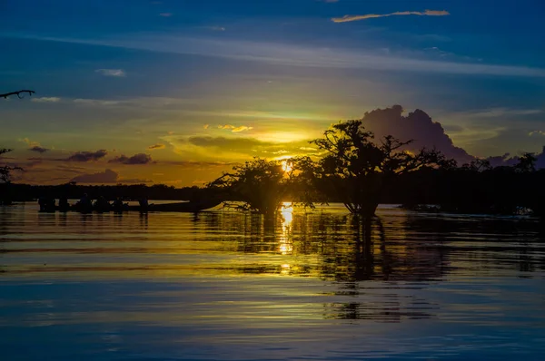 Árboles siluetas contra un cielo anaranjado al atardecer sobre Laguna Grande en el Parque Nacional Reserva Natural Cuyabeno, en Ecuador — Foto de Stock