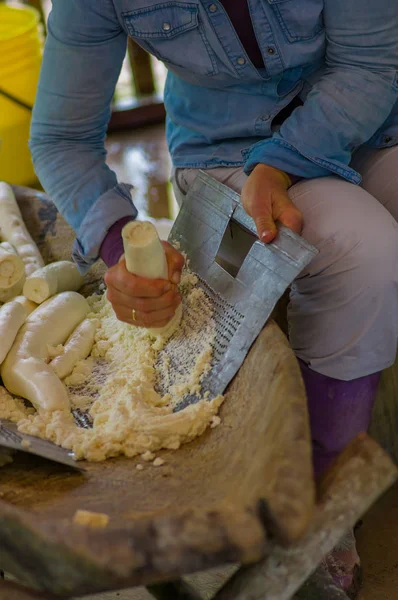 Yuca rallada siendo preparada para pan en un pueblo de Siona en la Reserva de Vida Silvestre Cuyabeno, Ecuador —  Fotos de Stock