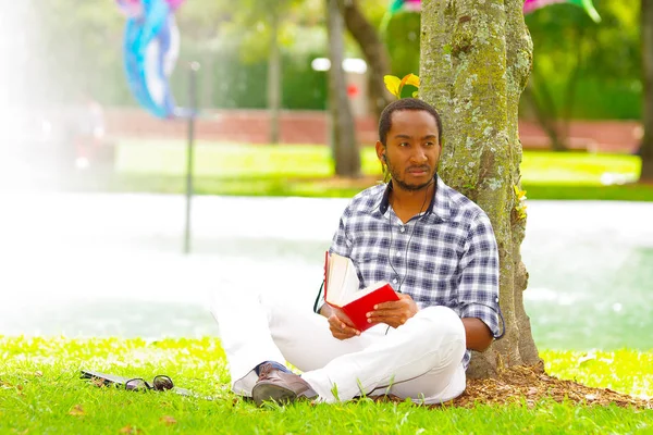 Junger schwarzer Mann sitzt auf grünem Gras, liest ein Buch und posiert mit dem Rücken in einem Baum in der Stadt Quito ecuador — Stockfoto