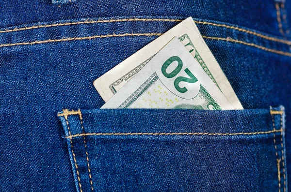 Twenty dolars inside of jeans back pocket — Stock Photo, Image