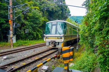 Kyoto, Japonya - 05 Temmuz 2017: Yeşil Hakone Tozan kablo tren hattı Hakone, Japonya'da Gora istasyonunda tren tren