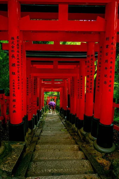 Kyoto, Japonya - 05 Temmuz 2017: Kırmızı Tori kapıda Fushimi Inari tapınak Kyoto, Japonya