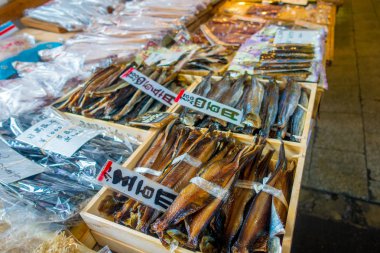 Kyoto, Japonya - 05 Temmuz 2017: Teramachi balık kuru, Kyoto Merkezi şehirde bulunan kapalı bir alışveriş caddesi