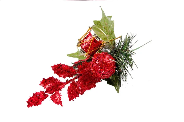 Beautiful christmass decorations, with red leafs in a white background — Stock Photo, Image