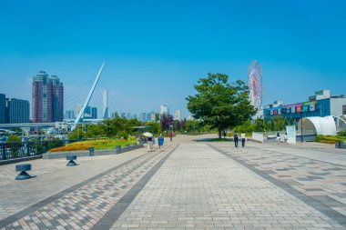 Tokyo, Japonya Haziran 28-2017: kimliği belirsiz kişiler, horizont bir dönme dolap ile yürüme bu büyük cazibe yapay ada Odaiba, Tokyo Körfezi yer alır. 100 metre yüksek dönme