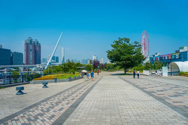 TOKYO, JAPON 28 JUIN 2017 : Personnes non identifiées marchant, avec une roue ferris à l'horizontale, cette grande attraction est située sur l'île artificielle d'Odaiba dans la baie de Tokyo. Ferris de 100 mètres de haut — Photo