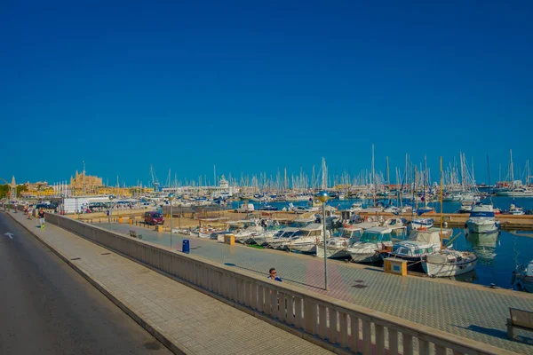 PALMA DE MALLORCA, ESPANHA - 18 DE AGOSTO DE 2017: Linda vista para o porto com iates brancos em Palma de Maiorca, Ilhas Baleares, Espanha — Fotografia de Stock