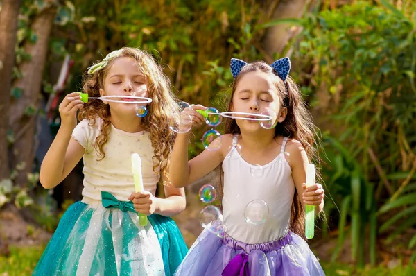 Dos niñas hermosas felices jugando con burbujas de jabón en una naturaleza de verano, una chica está usando un tigre orejas azules accesorios sobre su cabeza y las dos niñas que usan un vestido de princesa en un borroso — Foto de Stock