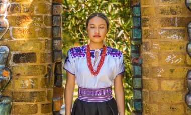 Quito, Ekvator - Ağustos, 30 2017: Kamera önünde park eski bir duvar için poz tipik bir andean elbiseler giymiş genç bir yerli kadın portresi