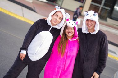 Mutlu bir grup arkadaşıyla farklı Kostümler, pembe tek boynuzlu at kostüm giyen bir kadın, bir panda kostümü diğer kadın ve Quito şehir bir kedi kostümü giyen adam yakın çekim