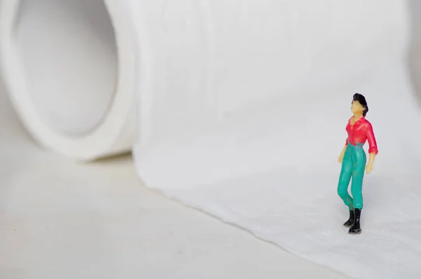 Miniature little people, woman walking in a paper toilet, in a white background — Stock Photo, Image