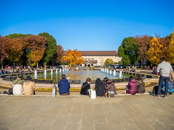 Nara, Japán - 2017. július 26.: Ismeretlen emberek előtt egy mesterséges tó, az őszi parkban: Kyoto néző ül kint egy fotózni és — Stock Fotó