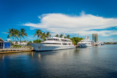 Fort Lauderdale, Amerika Birleşik Devletleri - 11 Temmuz 2017: Fort Lauderdale, güzel bir mavi gökyüzü iskelede su Park büyük tekneler
