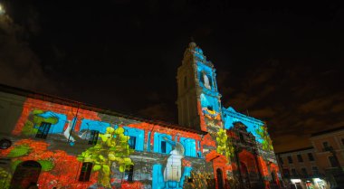 Quito, Ekvator Pichincha - 9 Ağustos 2017: gösteri bazı sarı iguana, kayalar ve biyolojik çeşitlilik, sırasında temsil eden deniz cephesinde, kilise Santo Domingo, öngörülen ışıkların kapat