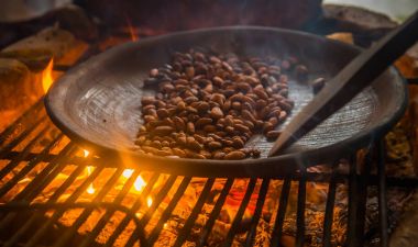 Kakao Bean metalik bir tepsi içinde kakao çekirdekleri Kavurma, bir odun sobası üzerinde yakın çekim