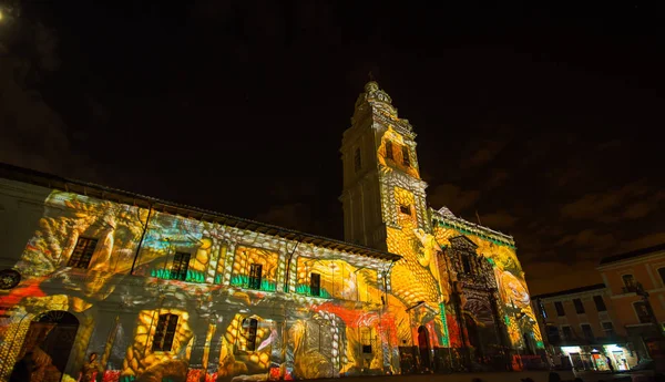 Quito, pichincha ecuador - 9. August 2017: Nahaufnahme des Lichterspektakels, das auf die Fassade der Santo Domingo-Kirche projiziert wird, mit einem gelben Leguan, der die Artenvielfalt repräsentiert, während des Quitto-Lichts — Stockfoto