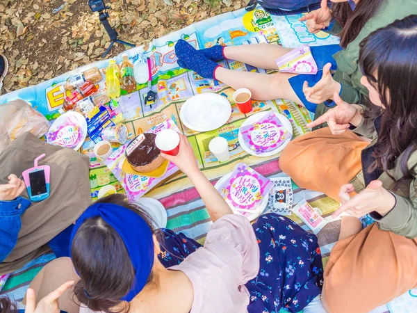 Hakone, Japan - 02 juli 2017: Niet-geïdentificeerde mensen genieten van de diverse eten voor de lunch in een park in hanami park tijdens seizoen van de kersenbloesem in Kyoto — Stockfoto