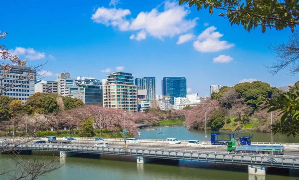 Tokyo, Japan - 02 Juli 2017: Bil över bron i en vacker solig dag med en fantastisk utsikt över staden i horizont i Tokyo — Stockfoto