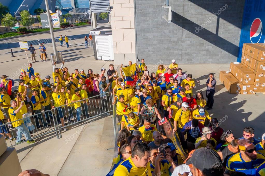 NEW YORK, USA - NOVEMBER 22, 2016: Unidentified ecuadorian fans in the line to enter to Metlife Stadium to see the football game in New York Usa.