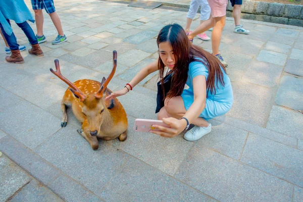 Nara, Japonya - 26 Temmuz 2017: kimliği belirsiz kadının vahşi bir geyik Nara, Japonya'nın bir selfie alarak yakın çekim. Nara, Japonya - eski düşen şehir ve şu anda Unesco Dünya bir büyük turizm yer — Stok fotoğraf