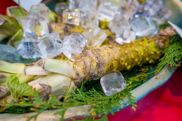 Osaka, japan - 18. juli 2017: frische wasabi-wurzel wird entlang der straße auf dem kuromon ichiba markt, nipponbashi, osaka, japan verkauft — Stockfoto