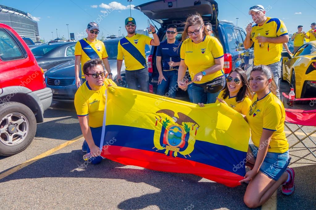 NEW YORK, USA - NOVEMBER 22, 2016: Unidentified ecuadorian fans celebrating the victory of Ecuador outside of Metlife Stadium after football game in New York Usa.