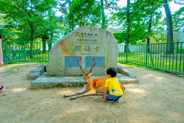 Nara, Japan - July 26, 2017: Unidentified child wearing a yellow t-shirt,loiking a wild deer in Nara, Japan. Nara is a major tourism destination in Japan — Stock Photo, Image