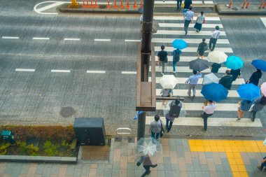Tokyo, Japonya Haziran 28-2017: şemsiye altında kimliği belirsiz kişi havadan görünümü üzerinde zebra sokak kapısı Jimbocho bölgesinde yer alan Tokyo