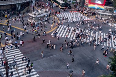 Tokyo, Japonya Haziran 28-2017: Top Shibuya sokak, Tokyo Ginza bölgesinde dünyanın en yoğun crosswalks geçiş Kişilik kalabalık görünümünü