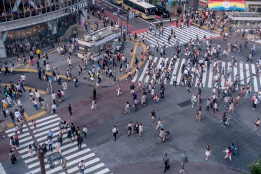Tokyo, Japonya Haziran 28-2017: Top Shibuya sokak, Tokyo Ginza bölgesinde dünyanın en yoğun crosswalks geçiş Kişilik kalabalık görünümünü