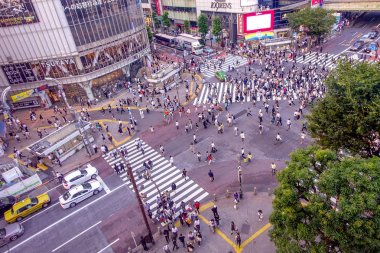 Tokyo, Japonya Haziran 28-2017: Top Shibuya sokak, Tokyo Ginza bölgesinde dünyanın en yoğun crosswalks geçiş Kişilik kalabalık görünümünü