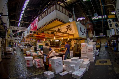 Tokyo, Japonya Haziran 28-2017: Tsukiji Pazar beyaz kutularına yığını accomodating çalışan kimliği belirsiz erkeğin Tokyo içinde dünyanın en büyük toptan balık ve deniz ürünleri Pazar olduğunu