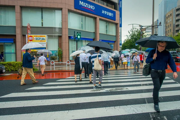 東京都 6 月 28-2017: 地区に位置する東京の神保町の通りの横断歩道上の傘の下で正体不明の人 — ストック写真