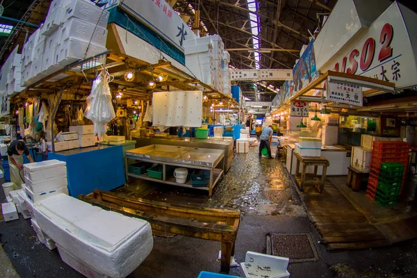 Tokyo, Japonya Haziran 28-2017: deniz ürünleri satışa Tokyo Japonya, Tsukiji pazarı Toptan Balık pazarı Tsukiji balık göz etkisi, dünyanın en büyük toptan balık ve deniz ürünleri pazarı olduğunu