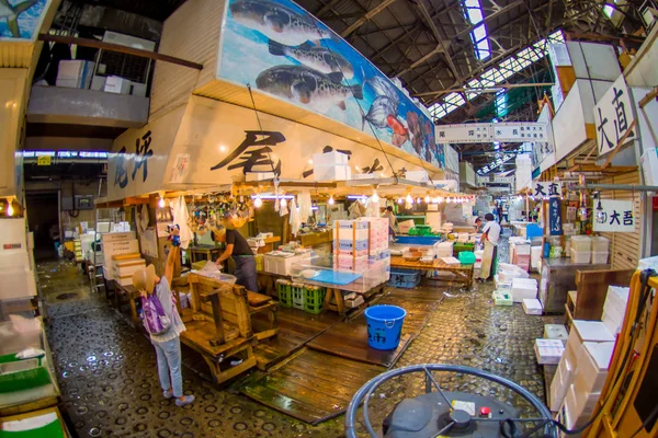 Tokyo, Japonya Haziran 28-2017: Balık pazarı Tsukiji Tokyo Japonya, Tsukiji pazarı toptan satışa deniz ürünleri dünyanın en büyük toptan balık ve deniz ürünleri Pazar olduğunu. Balık göz etkisini