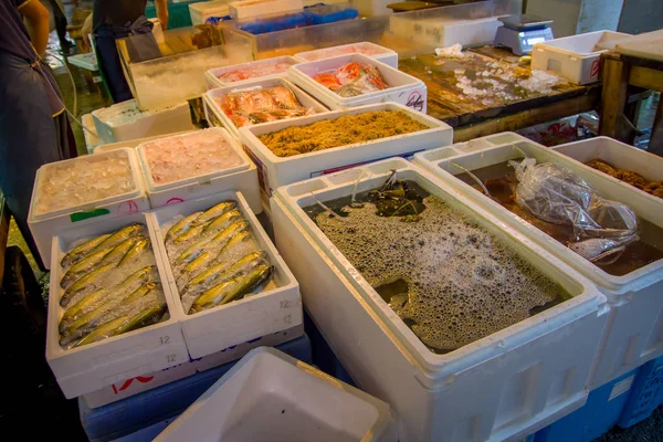 Tokyo, Japonya Haziran 28-2017: Tsukiji Balık pazarı, su ile beyaz içinde Satılık deniz ürünleri kutuları toptan Tokyo Japonya, Tsukiji Market en büyük toptan balık ve deniz ürünleri piyasada