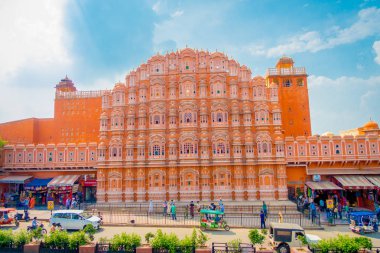 Agra, Hindistan - 20 Eylül 2017: Hawa Mahal Maharaja Jaipur, Krishna'nın taç şeklinde pembe kumtaşı inşa Sarayı kompleksinin bir beş katmanlı harem kanat olduğunu