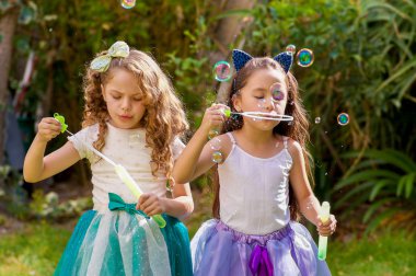 Bir yaz niteliğine sabun köpüğü ile oynarken iki mutlu güzel küçük kız, bir kız boyundan büyük bir mavi kulakları kaplan aksesuarları giyiyor ve her iki kız bir prenses giyen bulanık bir elbise