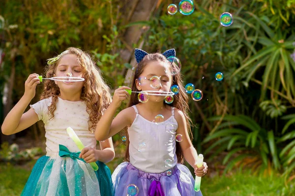 Zwei glückliche schöne kleine Mädchen spielen mit Seifenblasen auf einem Sommer Natur, ein Mädchen trägt ein blaues Ohren Tiger Accessoires über dem Kopf und beide Mädchen tragen ein Prinzessinnenkleid in einem verschwommenen — Stockfoto